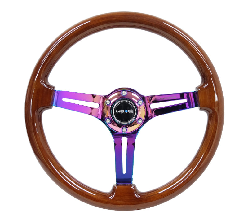 NRG Reinforced Steering Wheel (350mm / 3in. Deep) Brown Wood w/Blk Matte Spoke/Neochrome Center Mark-thumbmail-1