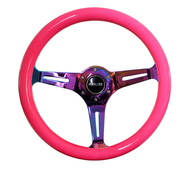 NRG Classic Wood Grain Steering Wheel (350mm) Neon Pink Painted Grip w/Neochrome 3-Spoke Center-thumbmail-3