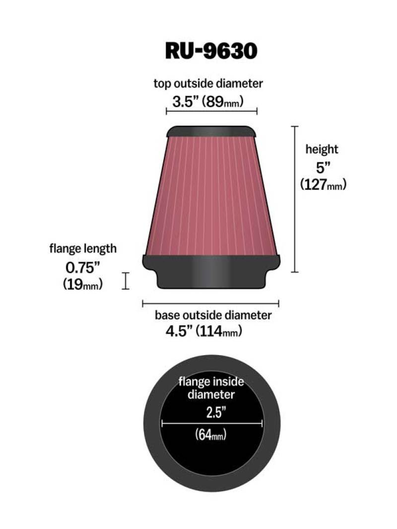 K&N Universal Tapered Filter 2.5in Flange ID x 4.5in Base OD x 3.5in Top OD x 5in Height-thumbmail-4