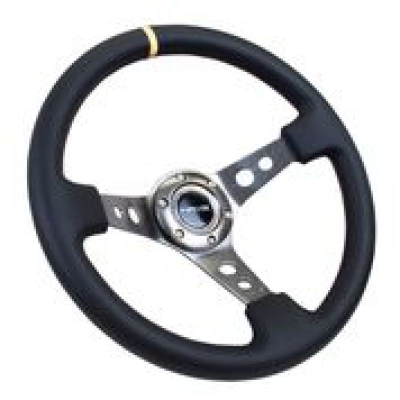 NRG Reinforced Steering Wheel (350mm / 3in. Deep) Blk Leather w/Gunmetal Cutout Spoke & Yellow CM-thumbmail-1