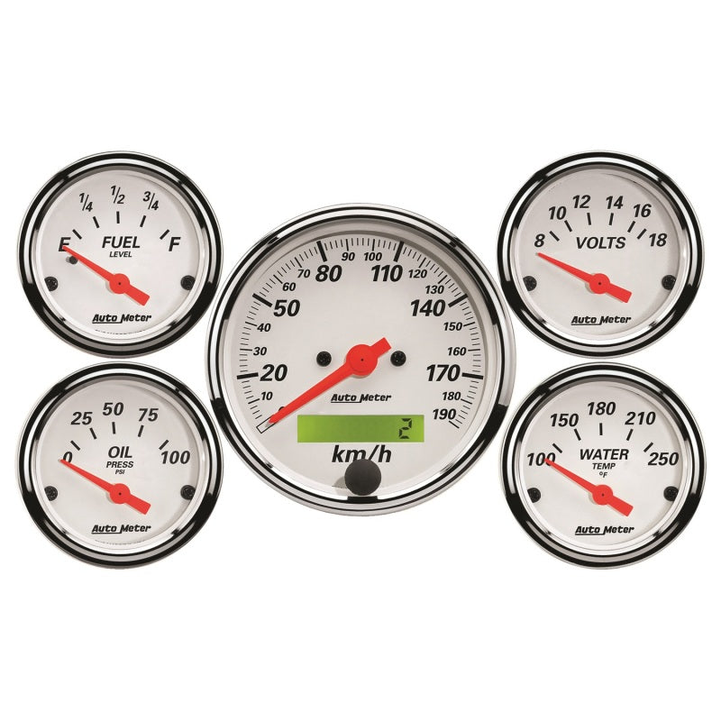 Autometer Arctic White 5 Pc Kit Box w/ Elec KMH Speedo, Elec Oil Press, Water Temp, Volt, Fuel Level-thumbmail-1