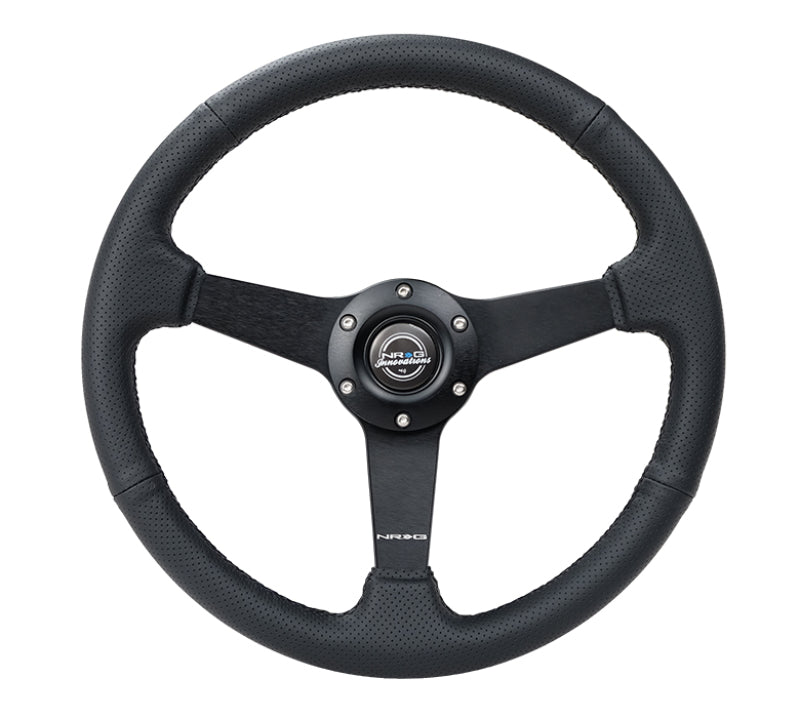 NRG Sport Steering Wheel (350mm / 1.5in Deep) Black Leather Black Stitch w/Matte Black Solid Spokes-thumbmail-3