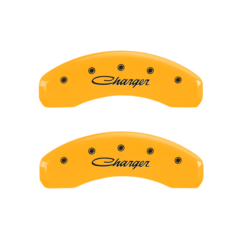 MGP 4 Caliper Covers Engraved Front & Rear Cursive/Charger Yellow finish black ch-thumbmail-4
