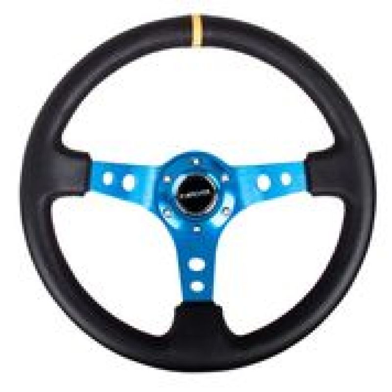 NRG Reinforced Steering Wheel (350mm / 3in. Deep) Blk Leather w/Blue Circle Cutout Spokes-thumbmail-3