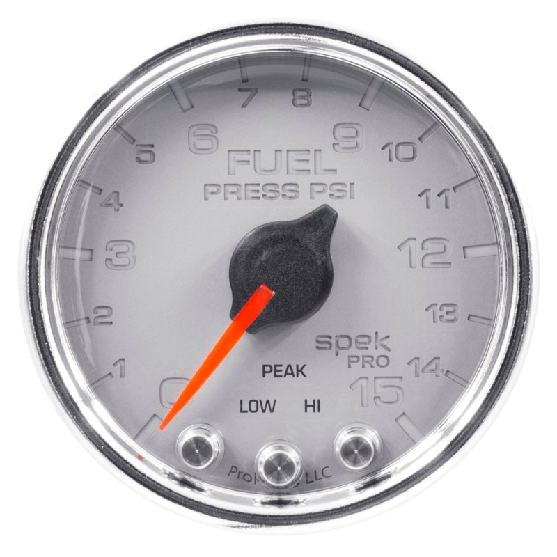 Autometer Spek-Pro Gauge Fuel Press 2 1/16in 15psi Stepper Motor W/Peak & Warn Slvr/Chrm-thumbmail-1