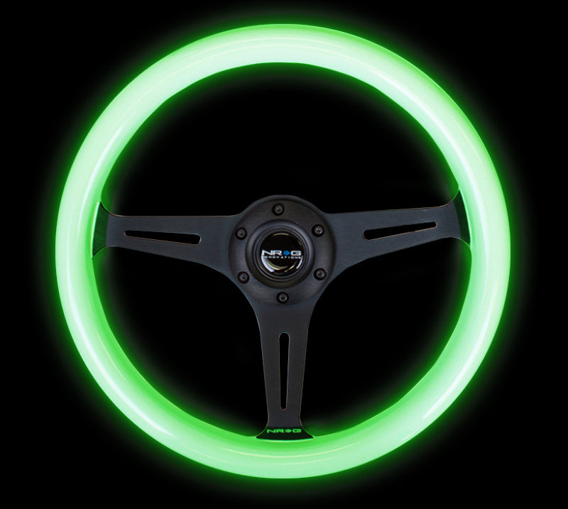 NRG Classic Wood Grain Steering Wheel (350mm) Glow-N-The-Dark Green Grip w/Black 3-Spoke Center-thumbmail-1