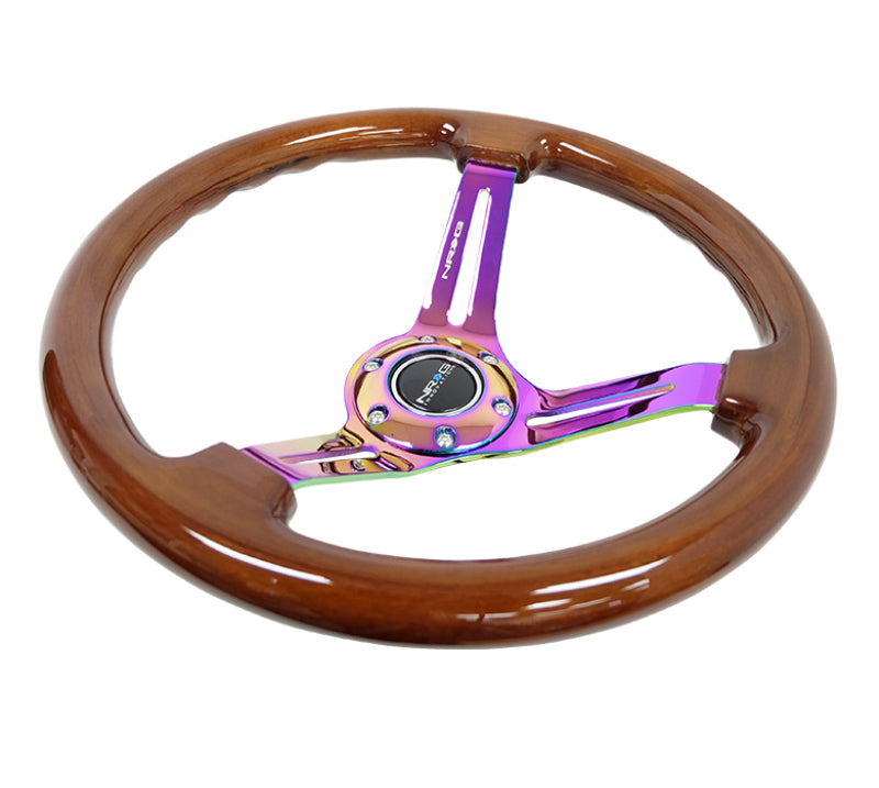 NRG Reinforced Steering Wheel (350mm / 3in. Deep) Brown Wood w/Blk Matte Spoke/Neochrome Center Mark-thumbmail-2