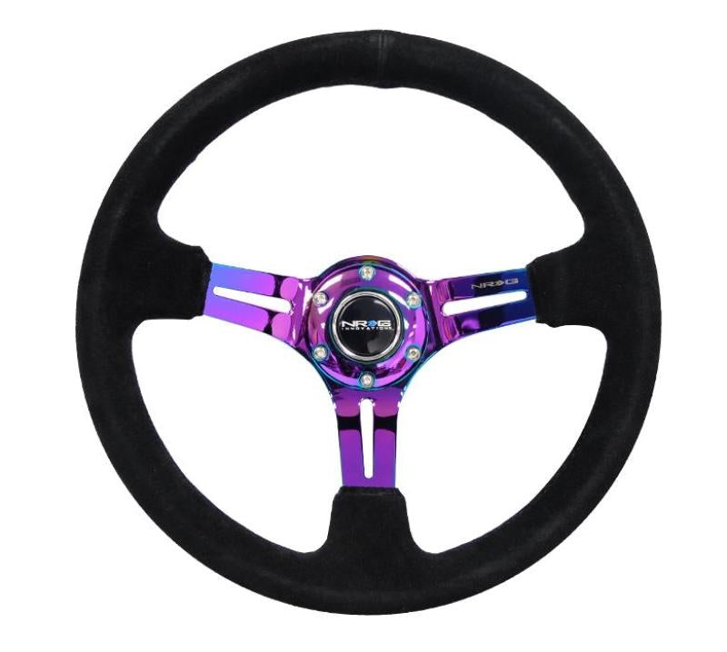 NRG Reinforced Steering Wheel (350mm / 3in. Deep) Blk Suede/Red Stitch w/Neochrome Slits-thumbmail-1