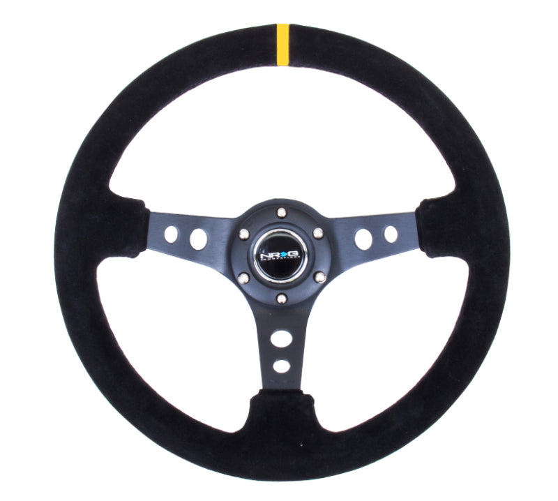 NRG Reinforced Steering Wheel (350mm / 3in. Deep) Blk Suede w/Circle Cut Spokes & Single Yellow CM-thumbmail-2