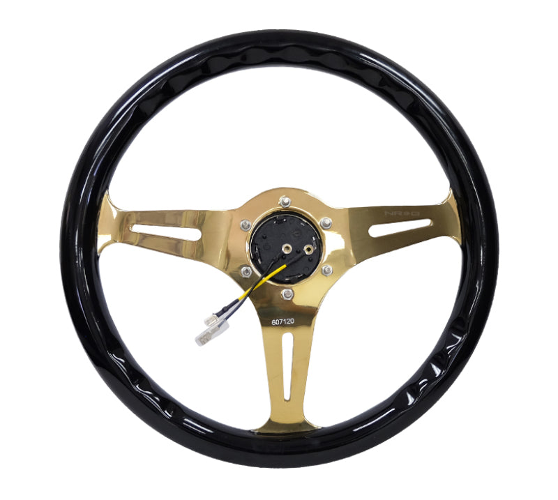 NRG Classic Wood Grain Steering Wheel (350mm) Black Grip w/Chrome Gold 3-Spoke Center-thumbmail-3