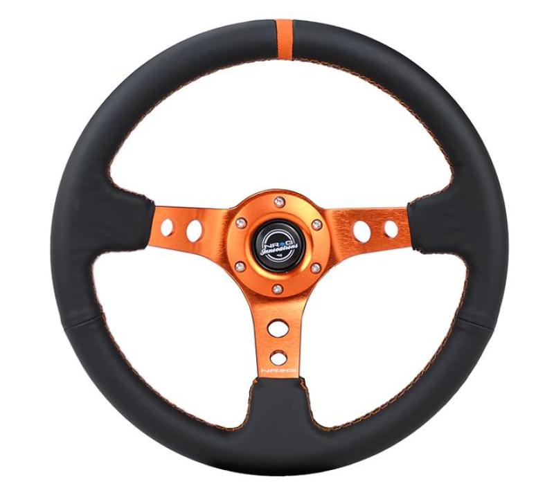 NRG Reinforce Steering Wheel (350mm / 3in. Deep) Blk Leather, Orange Center Mark w/ Orange Stitching-thumbmail-3