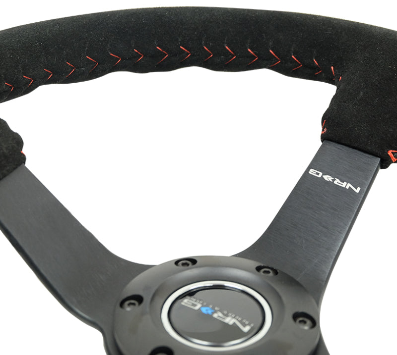 NRG Reinforced Steering Wheel (350mm / 3in. Deep) Blk Suede/Red BBall Stitch w/5mm Matte Blk Spokes-thumbmail-3
