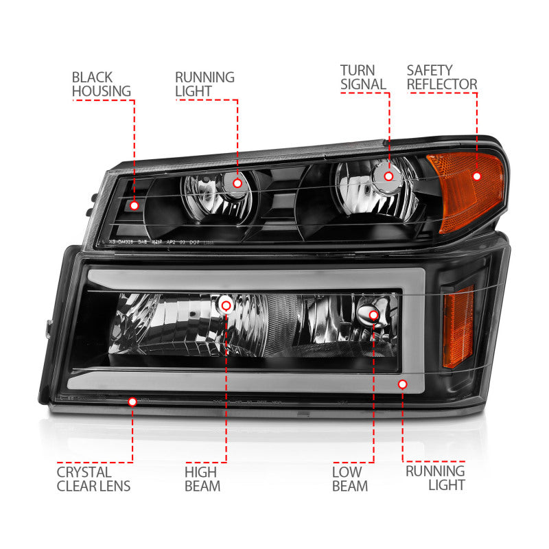 ANZO 04-12 GM Colorado/Canyon/I-Series Crystal Headlights - w/ Light Bar Black Housing 4pcs-thumbmail-9