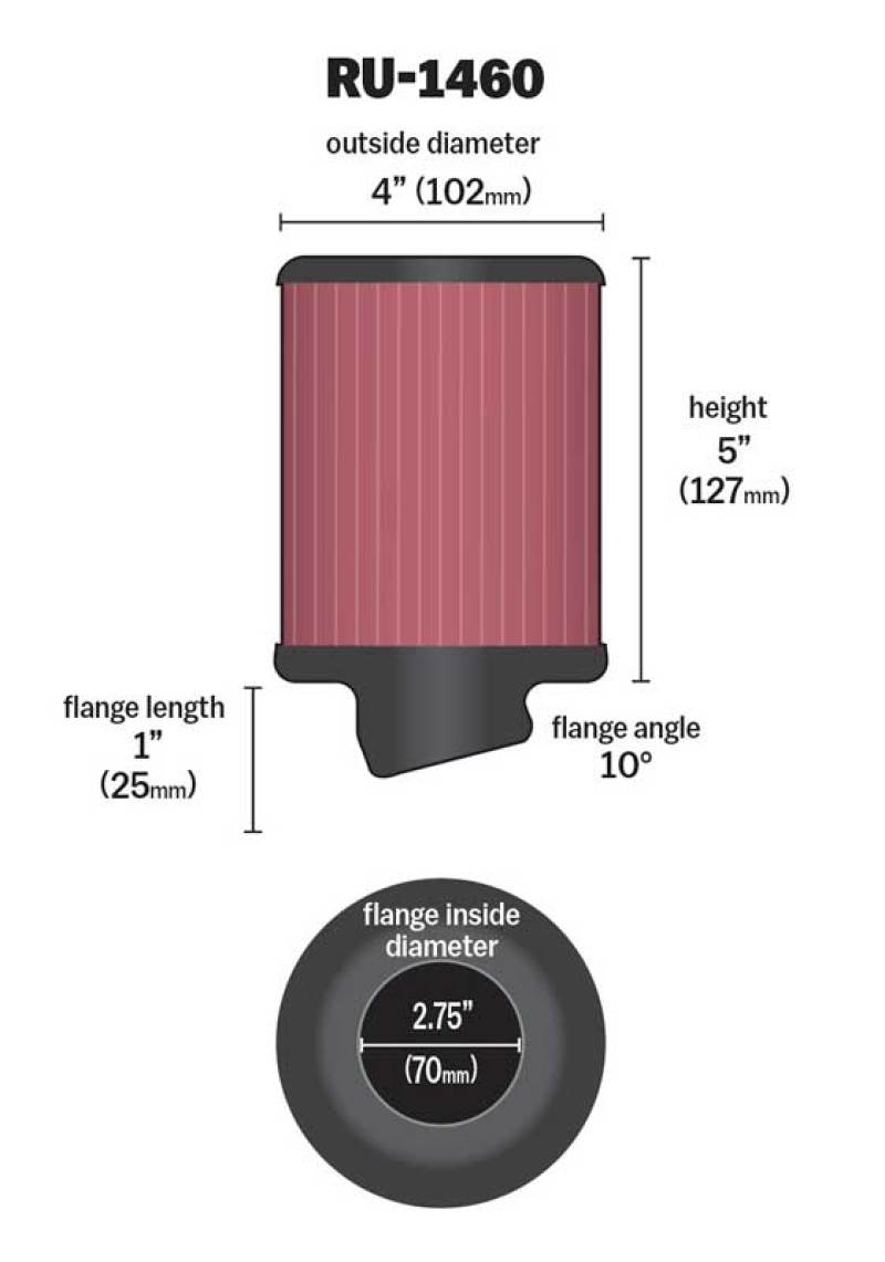 K&N Filter Universal Rubber Filter 2 3/4 inch 10 Degree Flange 4 inch OD 5 inch Height-thumbmail-3