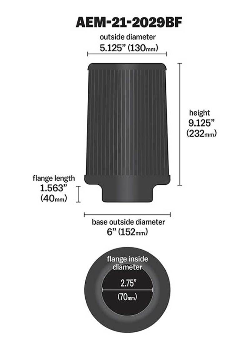 AEM Dryflow Conical Air Filter 2.75in Flange ID / 6in Base OD / 5.125in Top OD / 9.125in Height-thumbmail-11