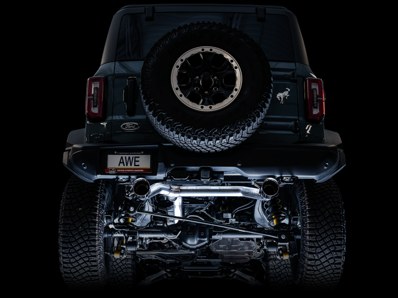 AWE Tuning 2021+ Ford Bronco 0FG Dual Rear Exit Exhaust w/Diamond Black Tips & Bash Guard-thumbmail-4