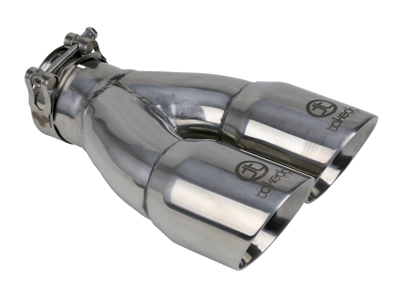 aFe Takeda 2.5in 304 Stainless Steel Clamp-on Exhaust Tip 2.5in Inlet 3in Dual Outlet - Polished-thumbmail-1