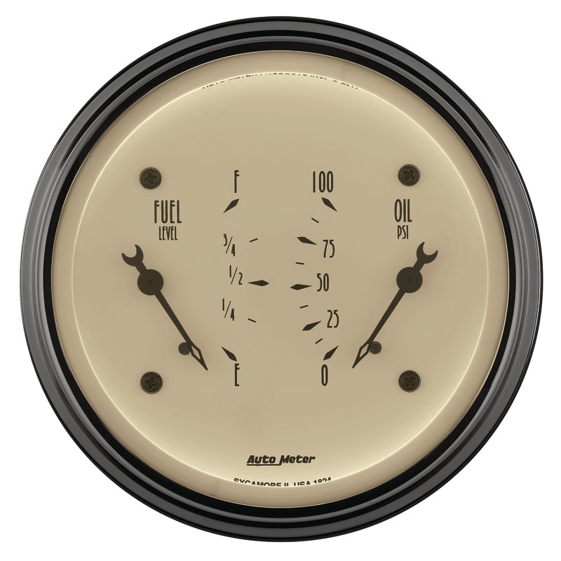 AutoMeter Gauge Dual Fuel & Oilp 3-3/8in. 0 Ohm(e) to 90 Ohm(f)& 100PSI Elec Antq Beige-thumbmail-2