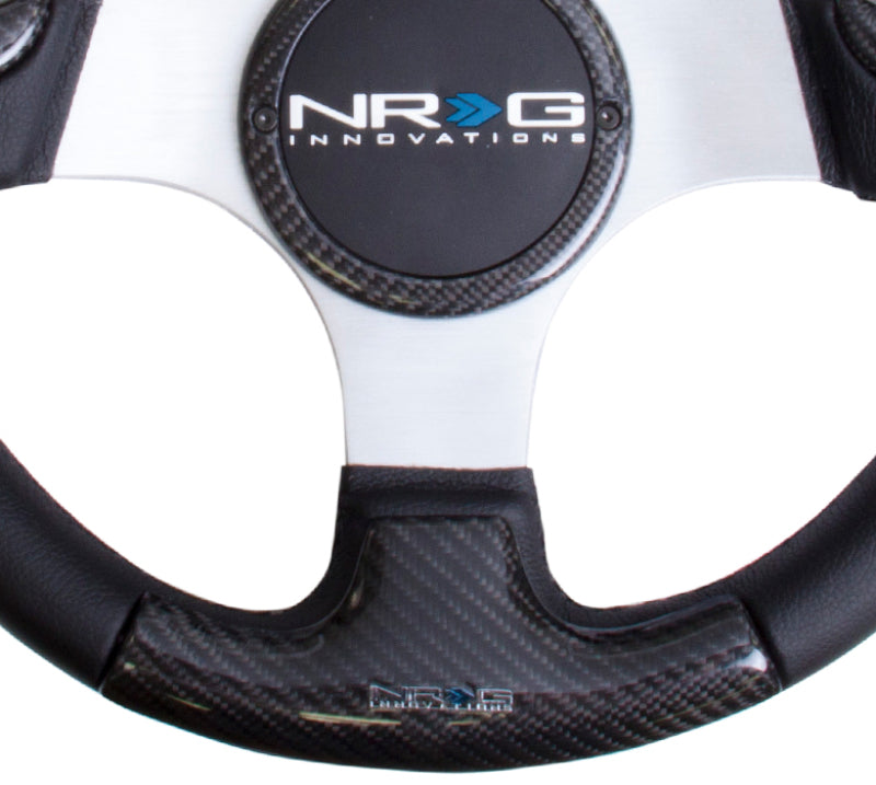 NRG Carbon Fiber Steering Wheel (350mm) Silver Frame Blk Stitching w/Rubber Cover Horn Button-thumbmail-1