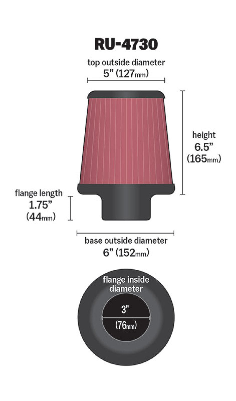 K&N Filter 3 inch Flange 6 inch Base 5 Top 6 1/2 inch Height-thumbmail-1