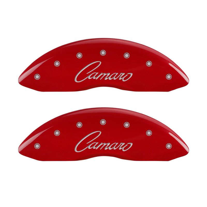 MGP 4 Caliper Covers Engraved Front & Rear Cursive/Camaro Red finish silver ch-thumbmail-2