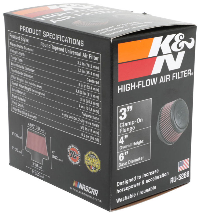 K&N Universal Round Clamp-On Air Filter 3in Flange ID x 6in Base OD x 4.625in Top OD x 3in Height-thumbmail-20