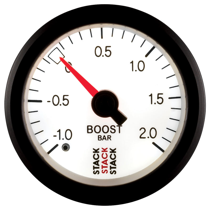 Autometer Stack 52mm -1 to +2 Bar T-Fitting 0.187in Barb (M) Mechanical Boost Pressure Gauge - White-thumbmail-5