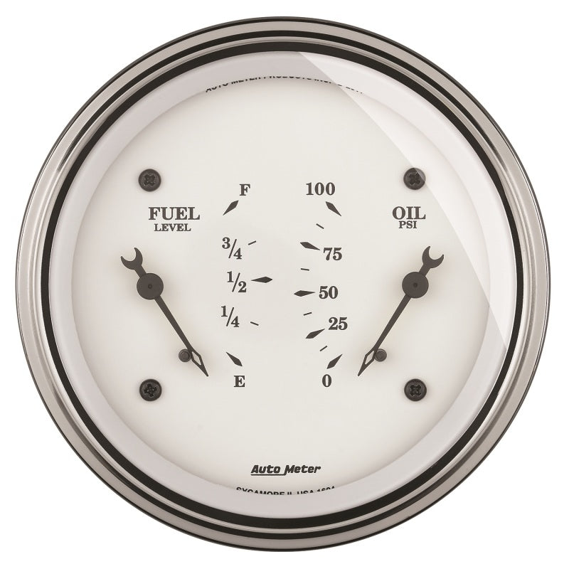 AutoMeter Gauge Dual Fuel & Oilp 3-3/8in. 240 Ohm(e) to 33 Ohm(f) & 100PSI Elec Old Tyme Wht-thumbmail-1
