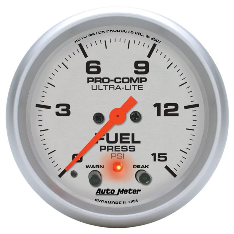 Autometer Ultra-Lite 66.7mm Full Sweep Elec 0-15 PSI Fuel Pressure w/ Peak Memory & Warning Gauge-thumbmail-1