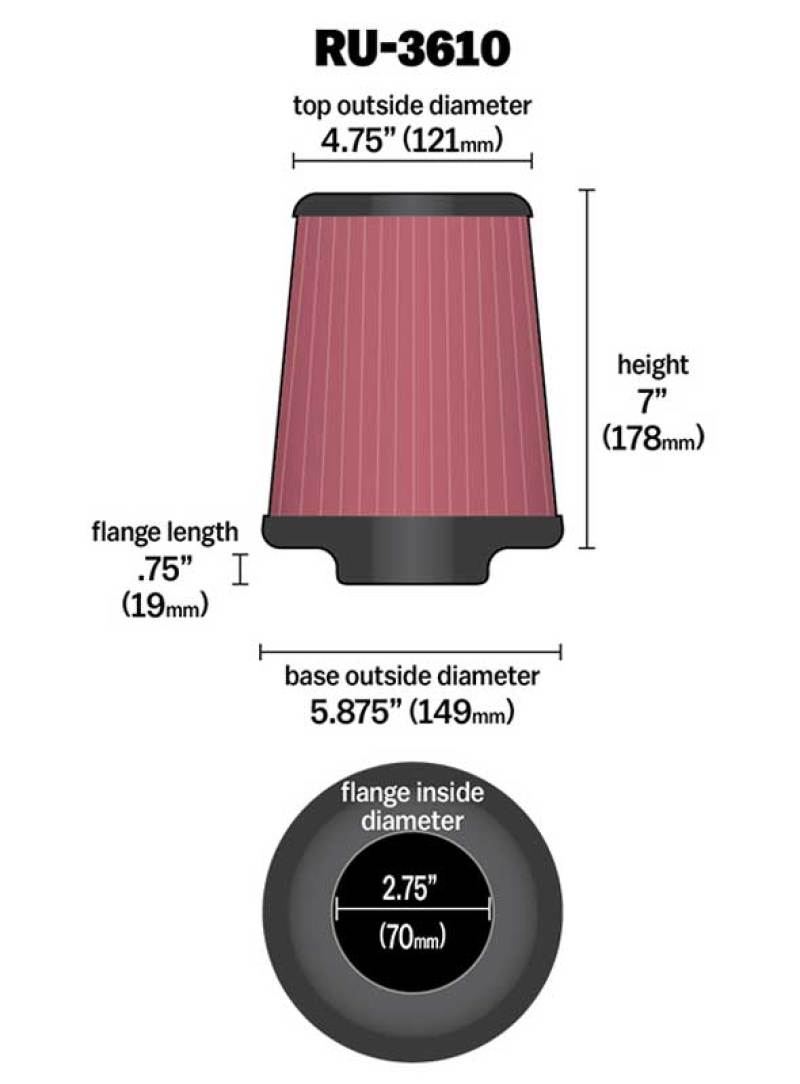 K&N Universal Rubber Filter 2.75in Flange ID x 5.875in Base OD x 4.75in Top OD x 7in Height-thumbmail-10