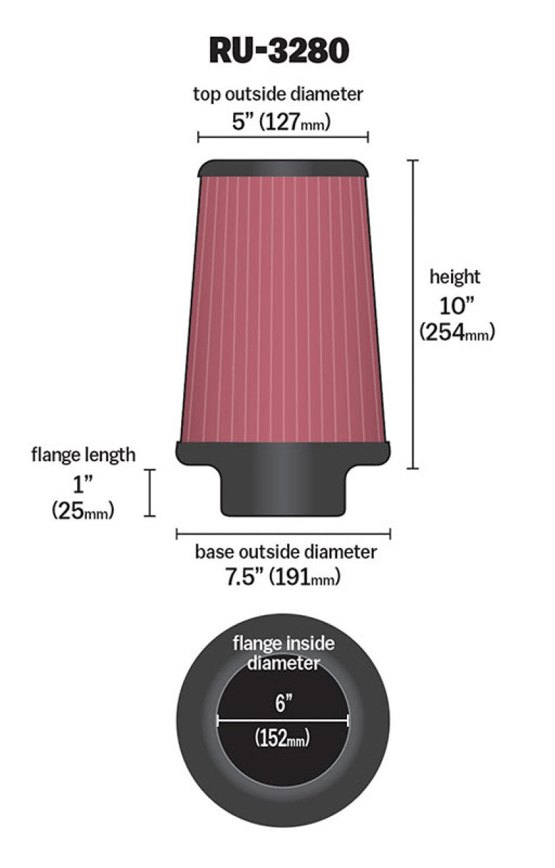 K&N Filter Universal Rubber Filter 6 inch Flange 7.5 inch Base 5 inch Top 10 inch Height-thumbmail-2