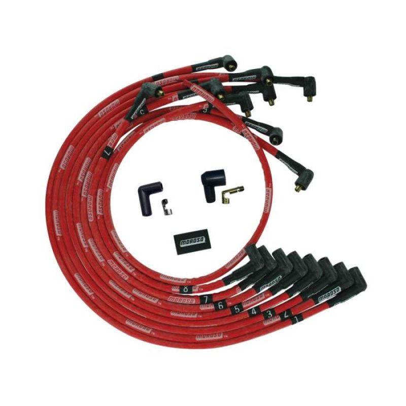 Moroso BBC Under Header 90 Deg Plug Boots Non-HEI Sleeved Ultra Spark Plug Wire Set - Red-thumbmail-1