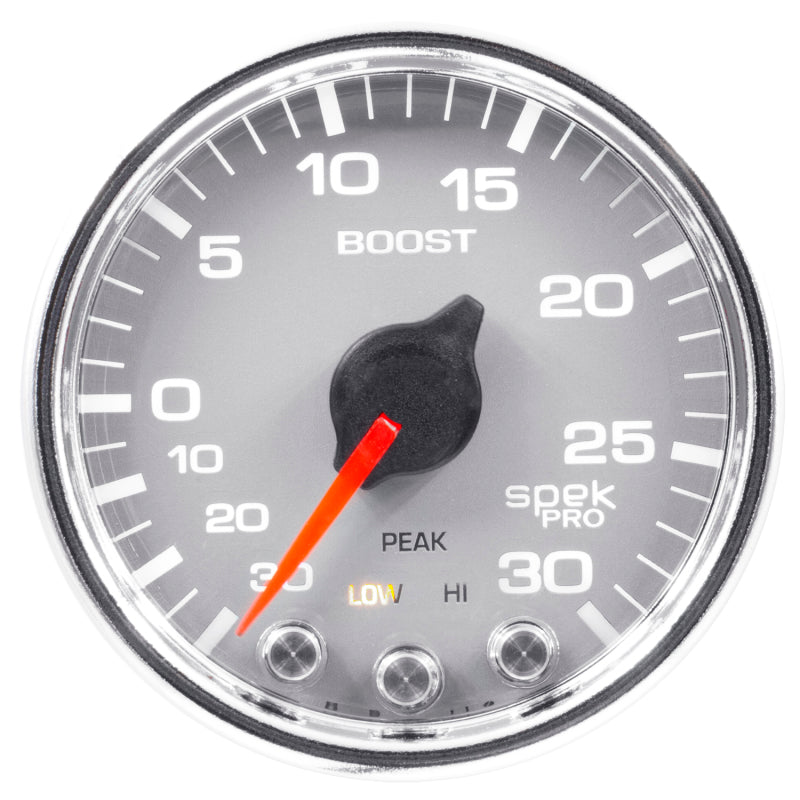 Autometer Spek-Pro Gauge Vac/Boost 2 1/16in 30Inhg-30psi Stepper Motor W/Peak & WarnSilver/Chrome-thumbmail-1