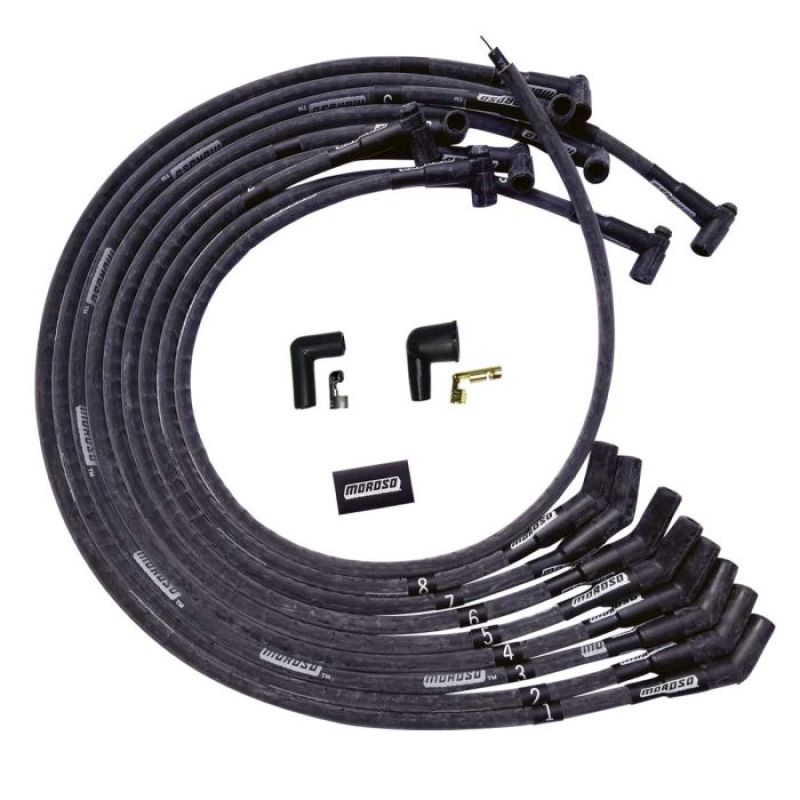 Moroso BBC Under Header Sleeved 135 Plug End HEI Ultra Spark Plug Wire Set - Black-thumbmail-1