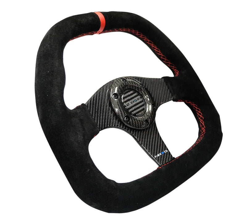NRG Carbon Fiber Steering Wheel (320mm) Flat Btm. Blk Suede/Red Stitch w/CF Spokes & Red Center Mark-thumbmail-2