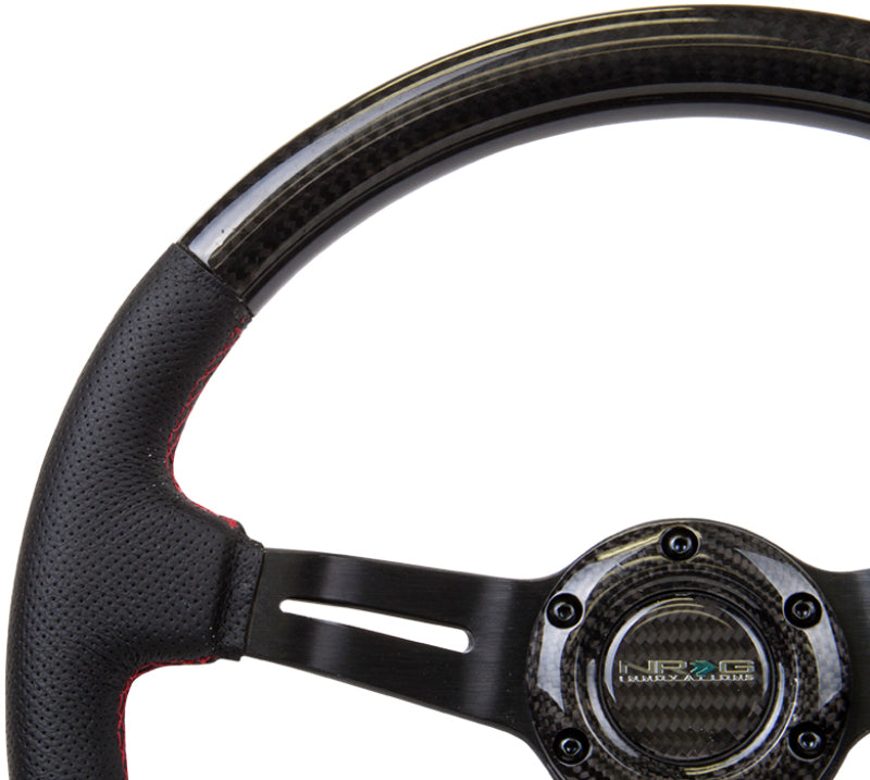 NRG Carbon Fiber Steering Wheel (350mm /1.5in. Deep) Leather Trim w/Red Stitch & Slit Cutout Spokes-thumbmail-2