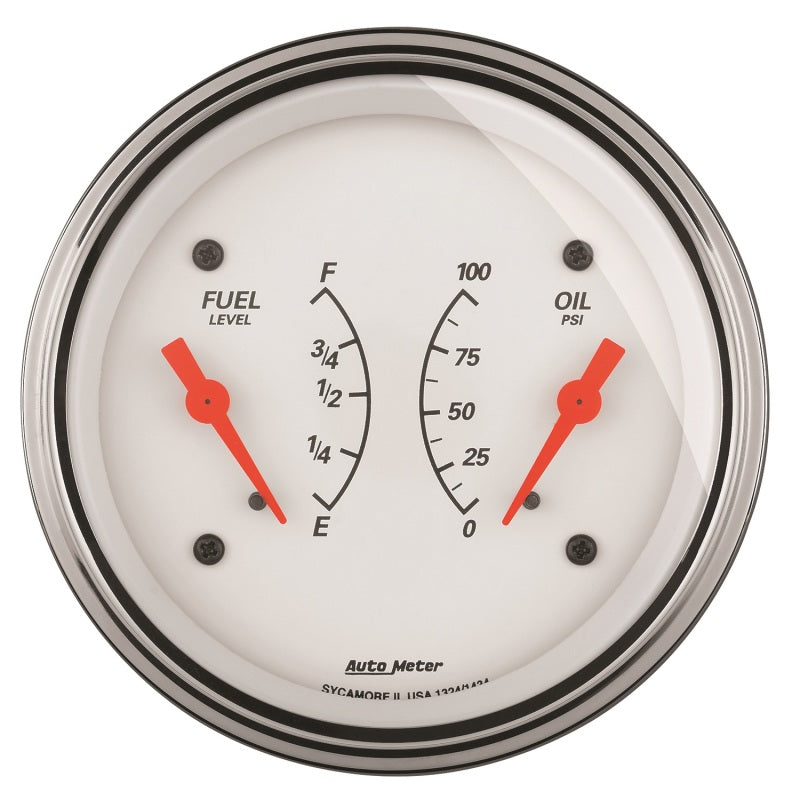 AutoMeter Gauge Dual Fuel & Oilp 3-3/8in. 0 Ohm(e) to 90 Ohm(f)& 100PSI Elec Arctic White-thumbmail-1