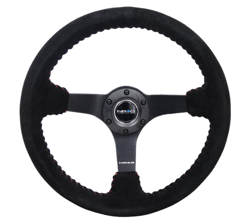 NRG Reinforced Steering Wheel (350mm / 3in. Deep) Blk Suede/Red BBall Stitch w/5mm Matte Blk Spokes-thumbmail-4