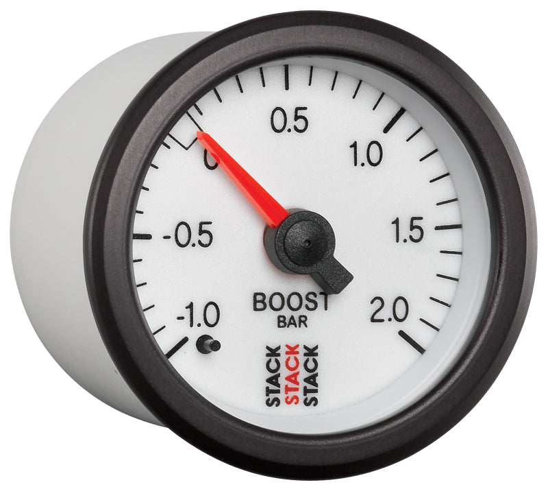 Autometer Stack 52mm -1 to +2 Bar T-Fitting 0.187in Barb (M) Mechanical Boost Pressure Gauge - White-thumbmail-6