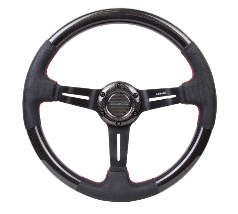 NRG Carbon Fiber Steering Wheel (350mm /1.5in. Deep) Leather Trim w/Red Stitch & Slit Cutout Spokes-thumbmail-3