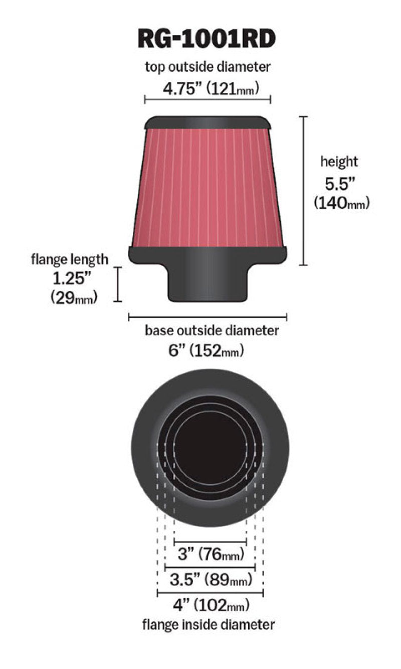 K&N Universal Air Filter Chrome Round Tapered Red - 4in Flange ID x 1.125in Flange Length x 5.5in H-thumbmail-2