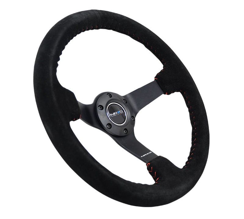 NRG Reinforced Steering Wheel (350mm / 3in. Deep) Blk Suede/Red BBall Stitch w/5mm Matte Blk Spokes-thumbmail-5