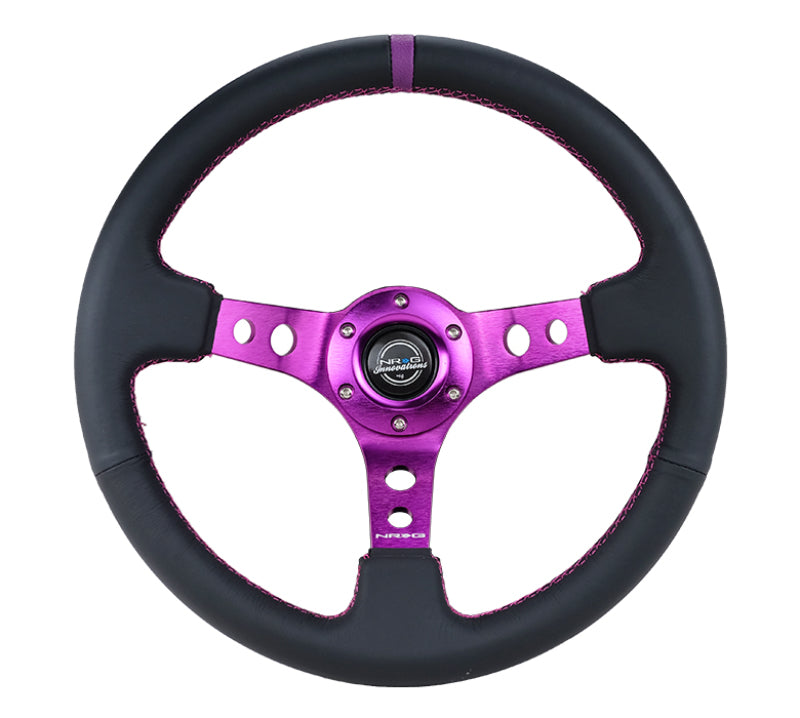 NRG Reinforced Steering Wheel (350mm / 3in. Deep) Black Leather w/Purple Center & Purple Stitching-thumbmail-2
