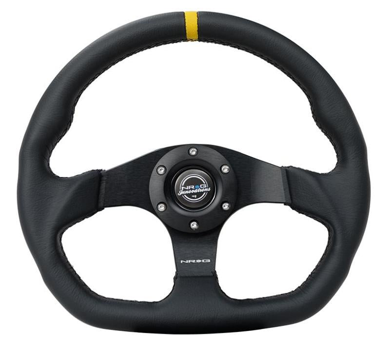 NRG Reinforced Steering Wheel (320mm) Sport Leather Dual Push Buttons Flat Bottom w/ Yellow Center-thumbmail-1