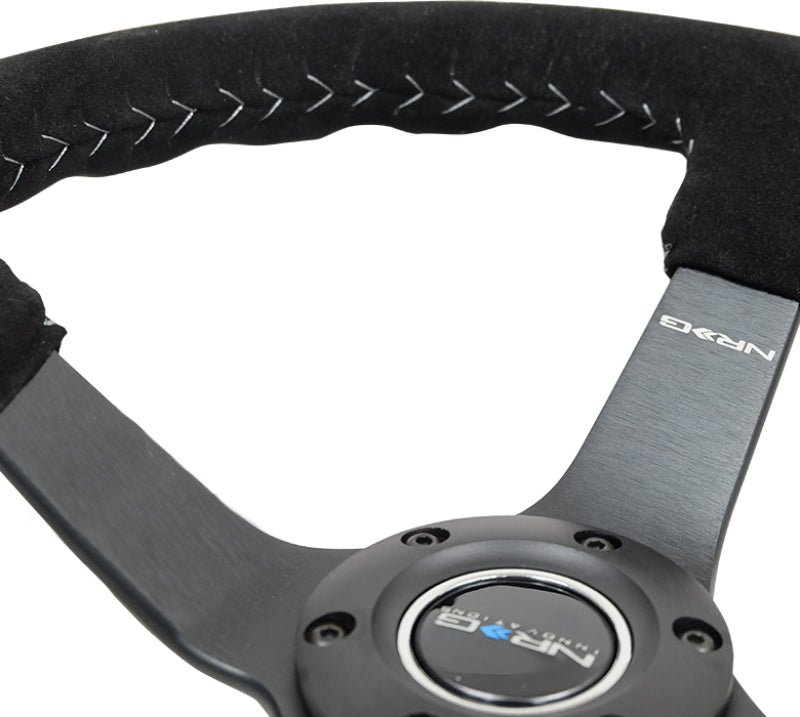 NRG Reinforced Steering Wheel (350mm / 3in. Deep) Blk Suede/Silver BBall Stitch w/5mm Mt. Blk Spokes-thumbmail-4