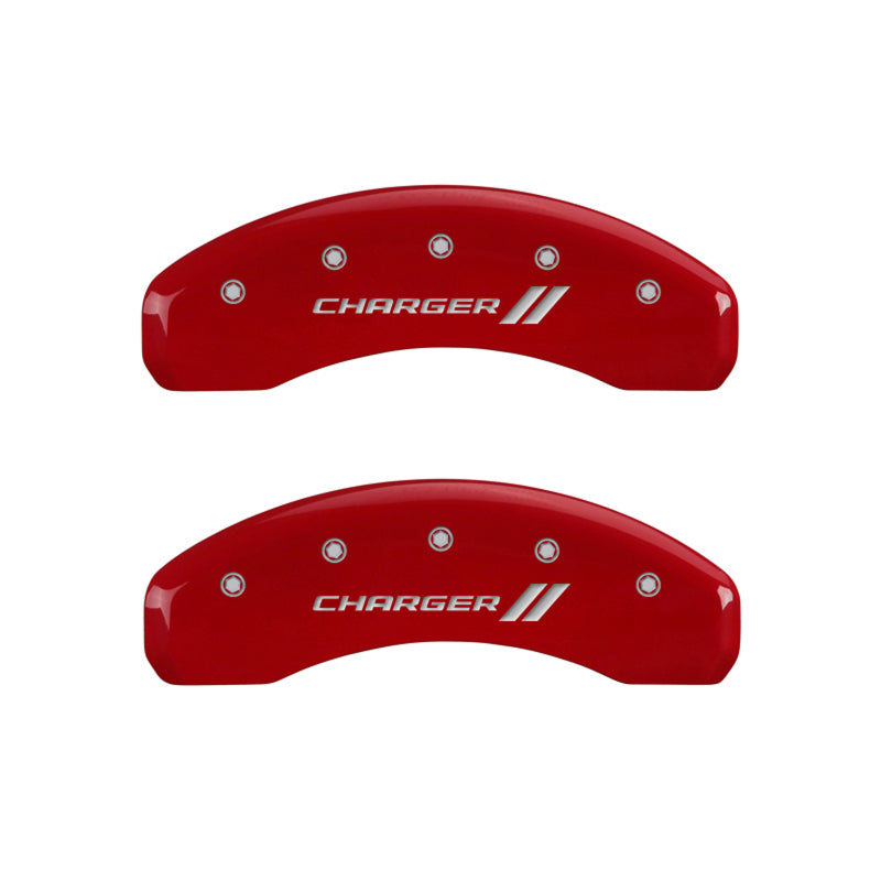 MGP 4 Caliper Covers Engraved Front & Rear With stripes/Charger Red finish silver ch