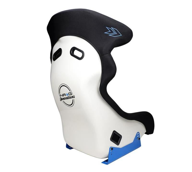 NRG FRP Bucket Seat - White Finish with Arrow Embroidery And Blue Side Mount Bracket-thumbmail-3