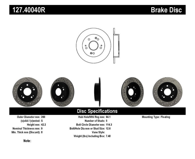 StopTech 06-09 Honda Civic Ex/Si Slotted & Drilled Right Rear Rotor-thumbmail-9