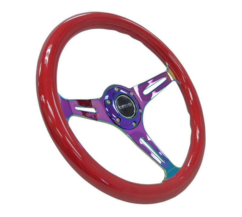 NRG Classic Wood Grain Steering Wheel (350mm) Red Grip w/Neochrome 3-Spoke Center-thumbmail-3