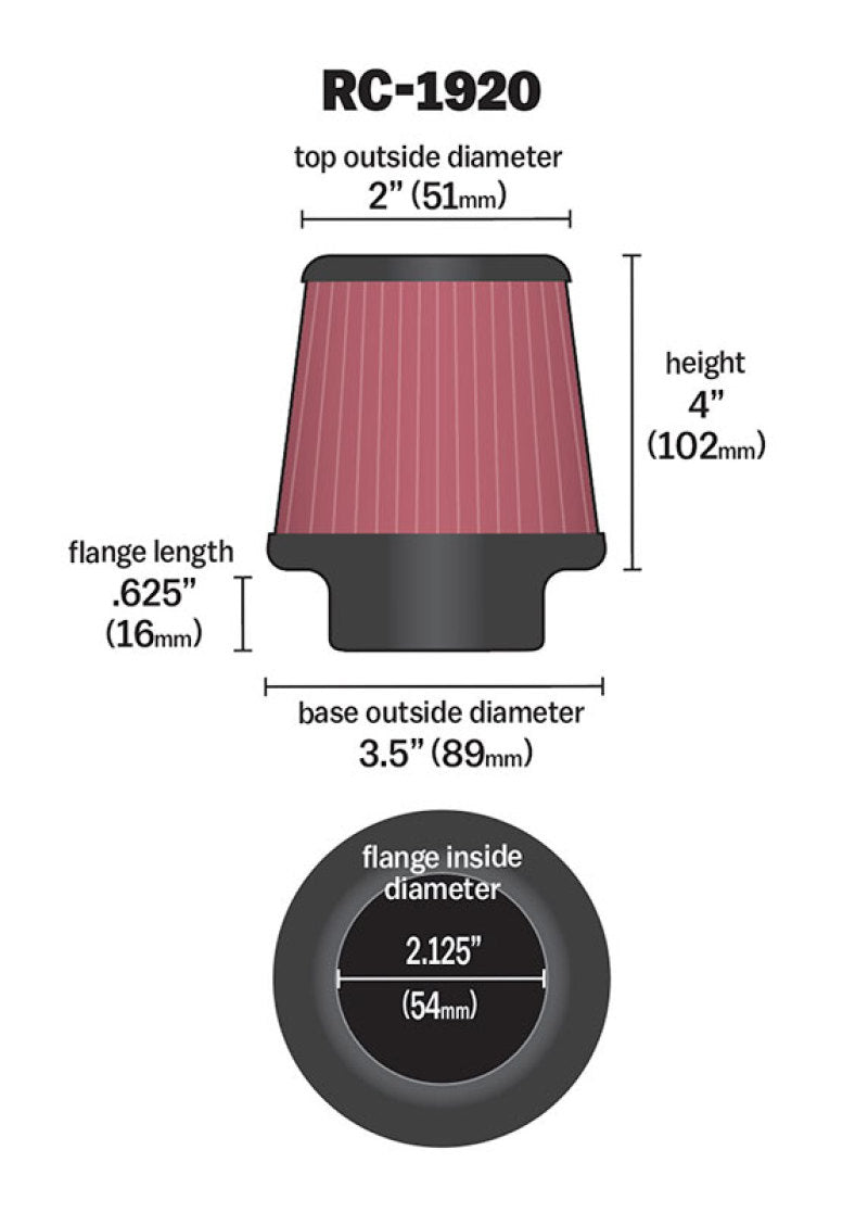 K&N Universal Clamp-On Air Filter 2-1/8in Flange 3-1/2in Base 2in Top 4in Height-thumbmail-3